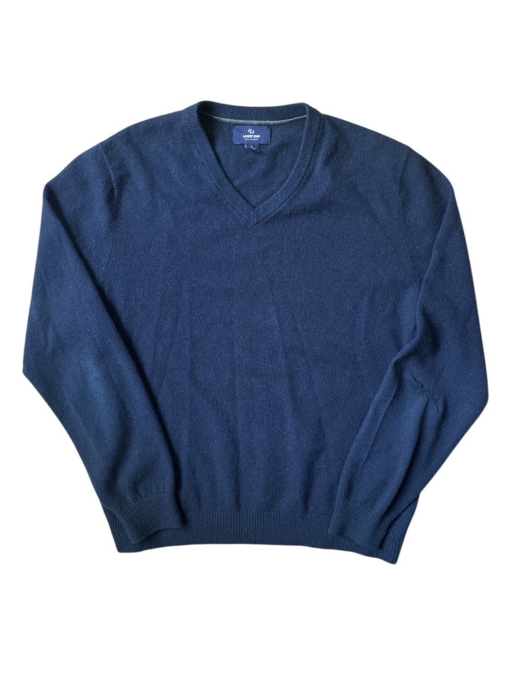 Lands’ End 100% Cashmere Navy V-Neck Sweater Mens Large **Elbow Repair**